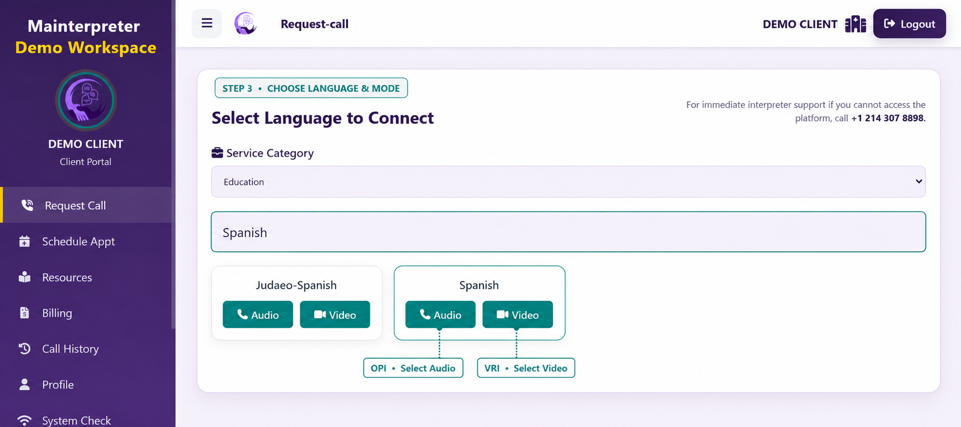 Mainterpreter request showing language and OPI or VRI service mode selection