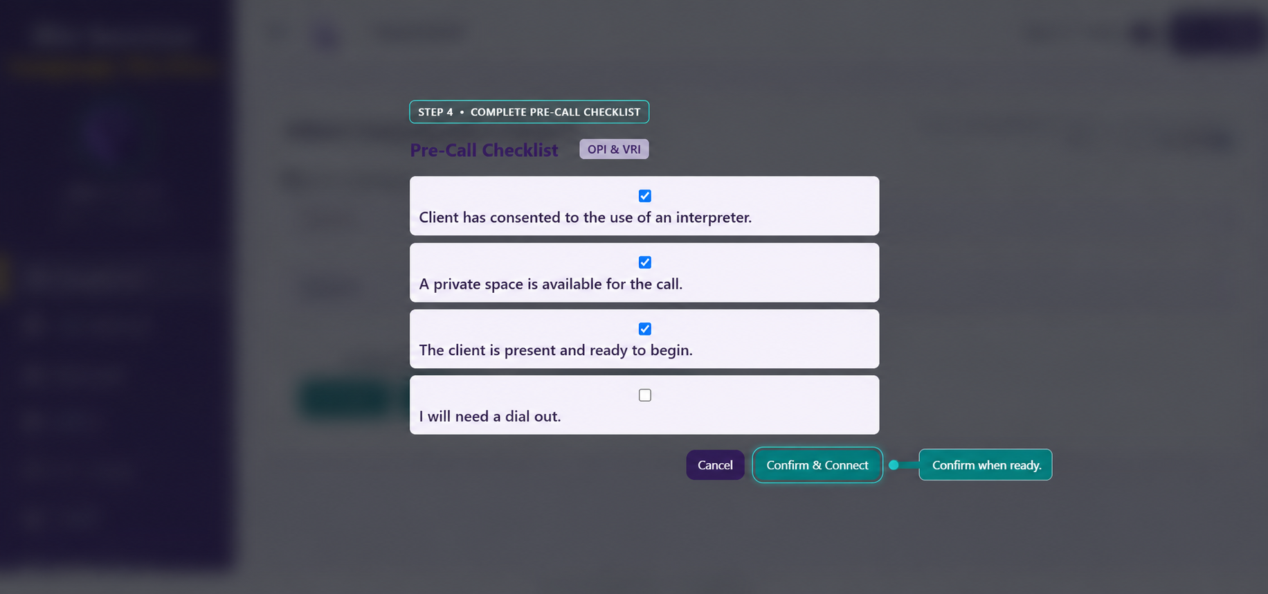Mainterpreter pre-call checklist before an immediate interpreter session